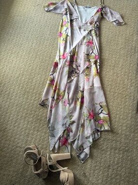 All Saints Floral Midi Dress in Light Pink with Green and Fuchsia Accents